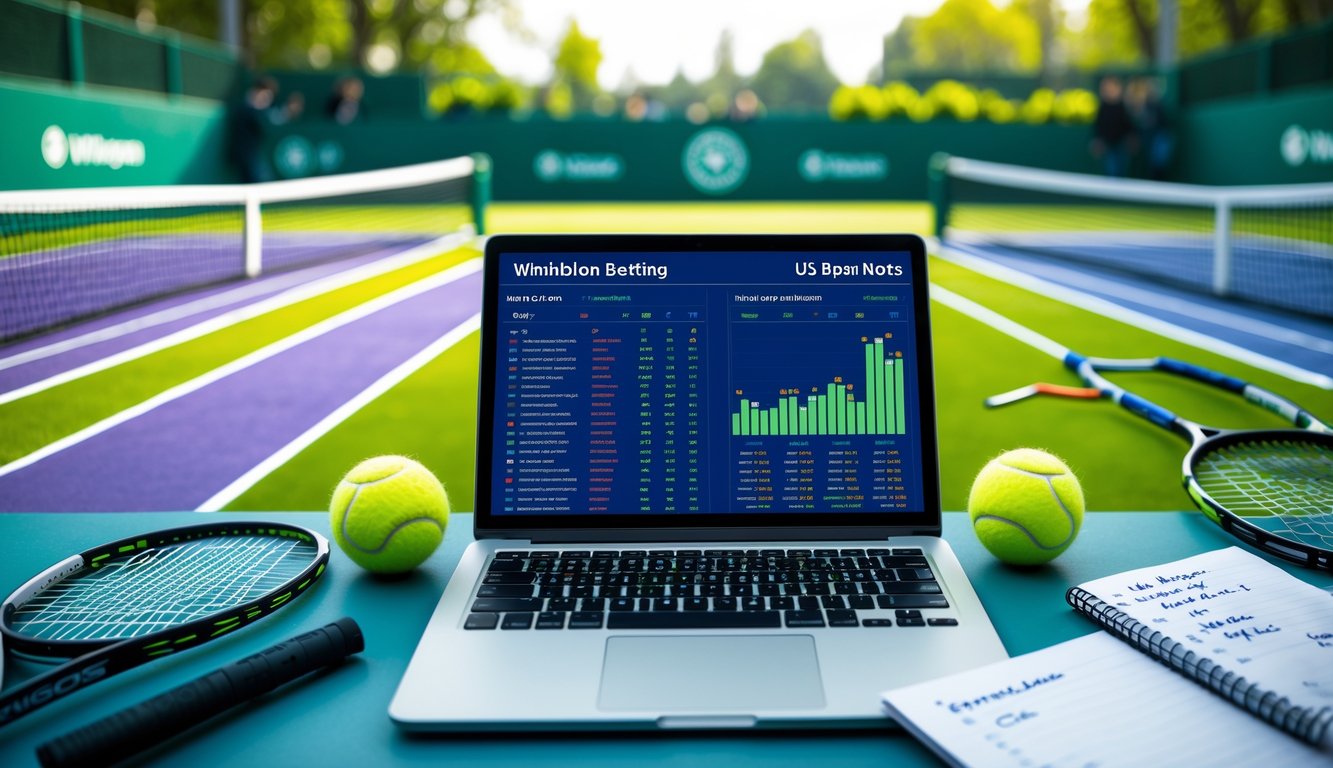 Dua lapangan tenis berdampingan, satu lapangan rumput Wimbledon dan satu lapangan keras US Open, dengan laptop yang menampilkan statistik taruhan tenis di depan mereka.