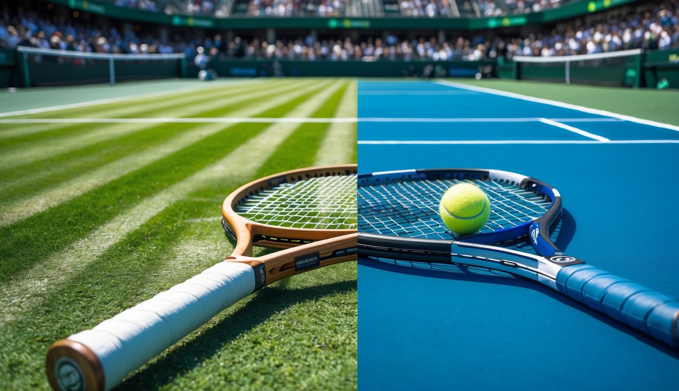 Dua lapangan tenis berdampingan, satu berumput hijau dan satu berlapis keras biru, dengan raket dan bola tenis, menggambarkan perbandingan turnamen Wimbledon dan US Open.