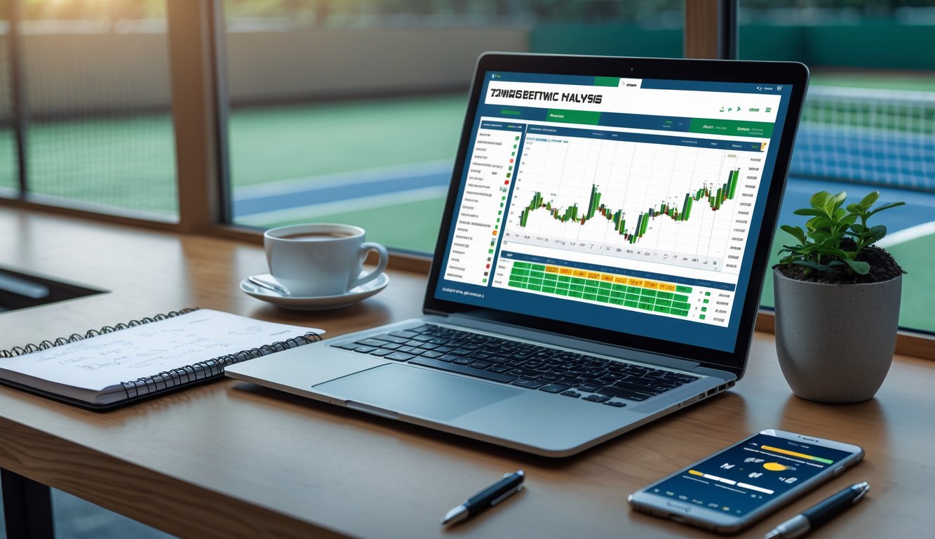 Sebuah meja kerja dengan laptop yang menampilkan statistik pertandingan tenis, notepad, kopi, dan ponsel dengan skor tenis, di dekat jendela yang memperlihatkan lapangan tenis.