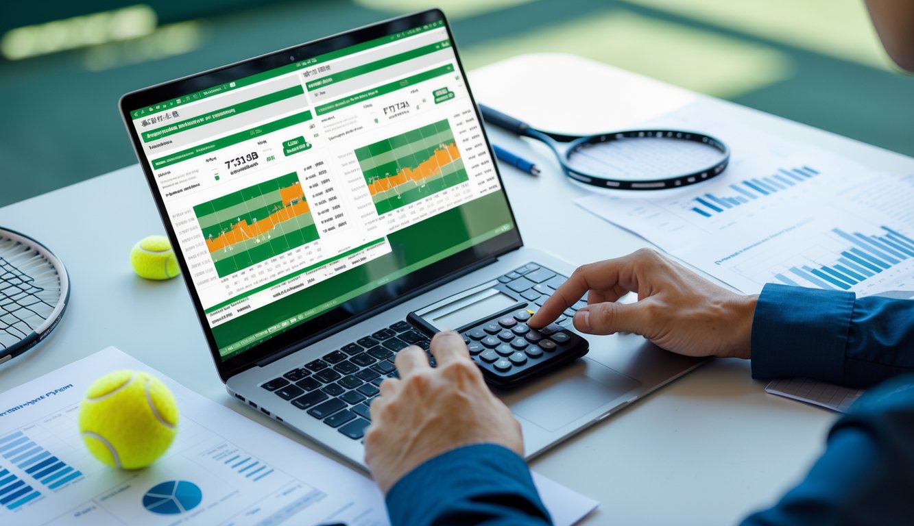 Meja kerja dengan laptop yang menampilkan statistik pertandingan tenis, kertas dengan grafik, kalkulator, dan raket tenis di atas meja.
