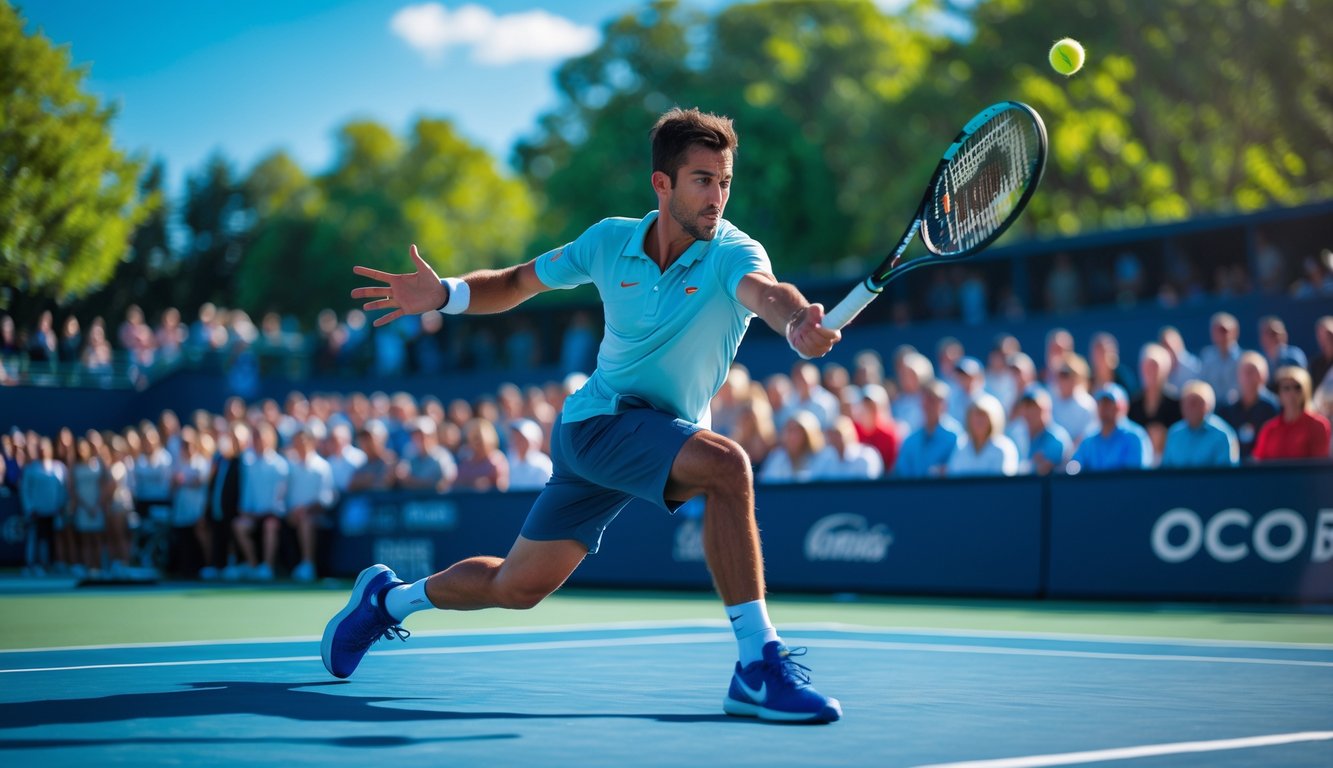 Seorang pemain tenis pria sedang melakukan pukulan forehand pada pertandingan tenis yang sedang berlangsung di lapangan luar ruangan dengan penonton di latar belakang.