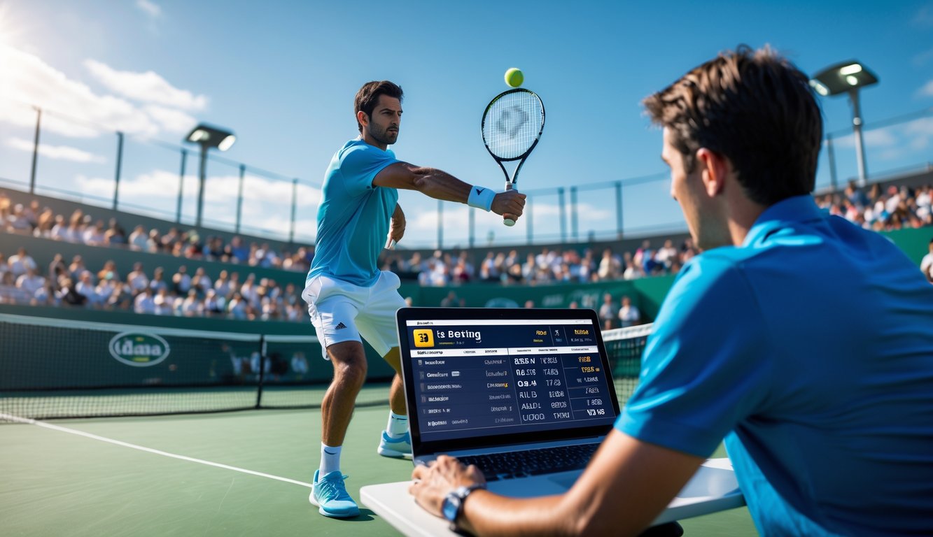 Seorang pemain tenis sedang melakukan servis dalam pertandingan yang sedang berlangsung, dengan penonton di latar belakang dan seseorang mengamati pertandingan melalui laptop.