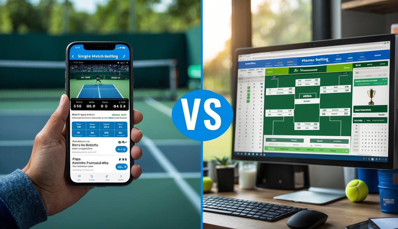 Seseorang memegang ponsel dengan pertandingan tenis sedang berlangsung di layar sebelah kiri, dan layar komputer menampilkan bracket turnamen tenis di sebelah kanan.