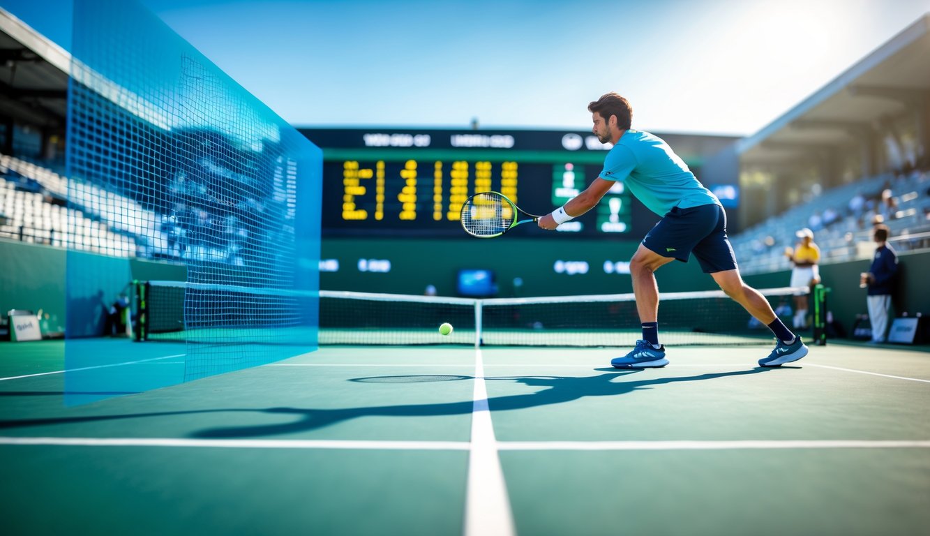 Seorang pemain tenis sedang memukul bola di lapangan tenis luar ruangan dengan papan skor dan grafik turnamen di latar belakang.