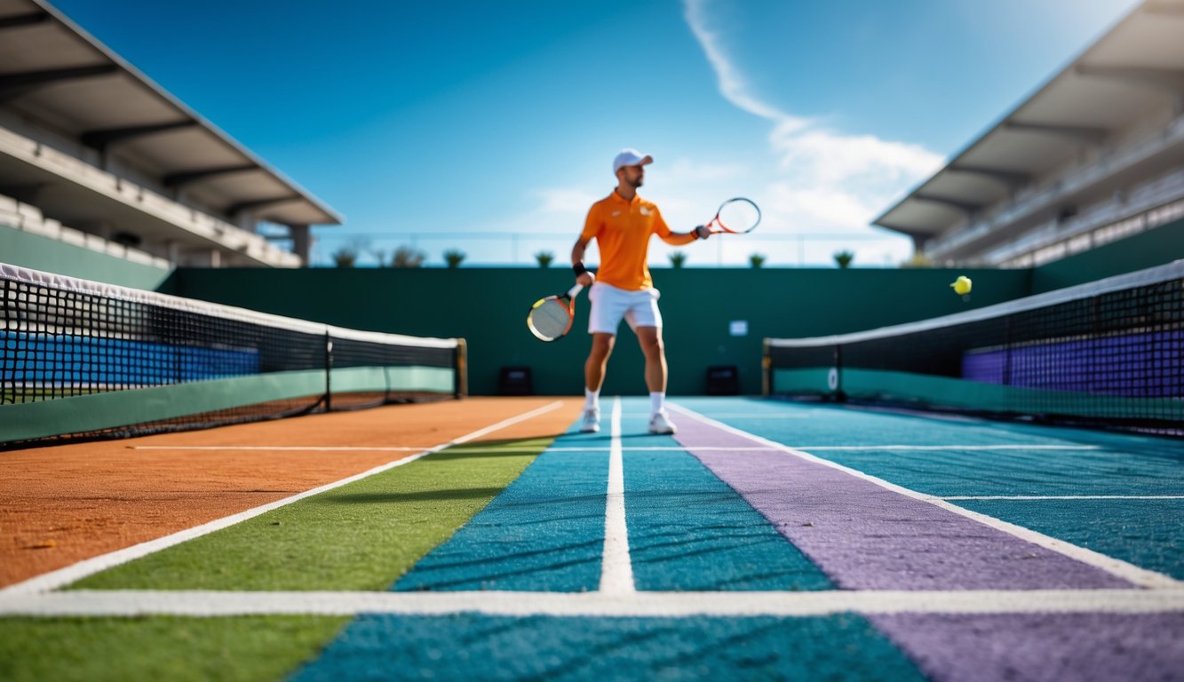 Lapangan tenis dengan tiga permukaan berbeda: tanah liat, rumput, dan lapangan keras, dengan pemain tenis sedang bersiap melakukan servis.