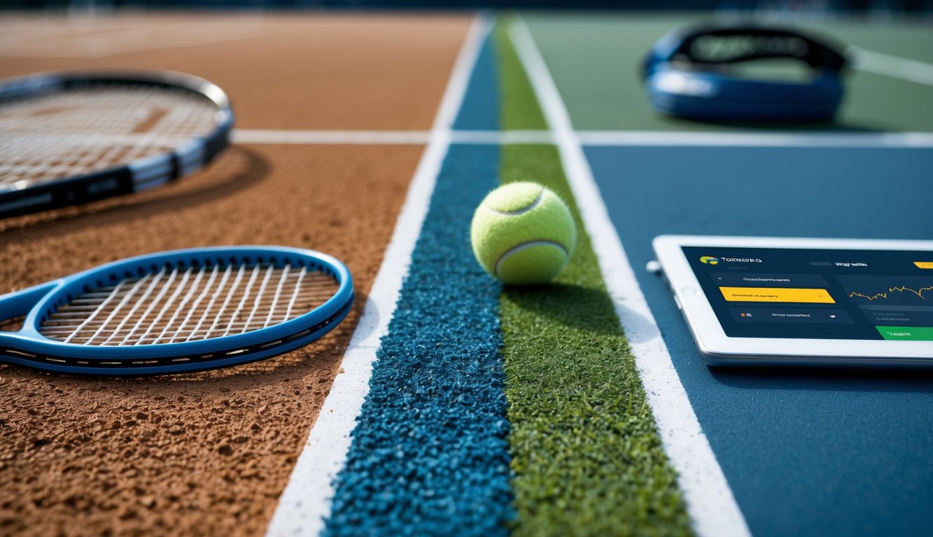Lapangan tenis yang menunjukkan permukaan tanah liat, rumput, dan keras dengan bola tenis di dekat garis batas, latar belakang terdapat raket tenis dan tablet dengan data taruhan.