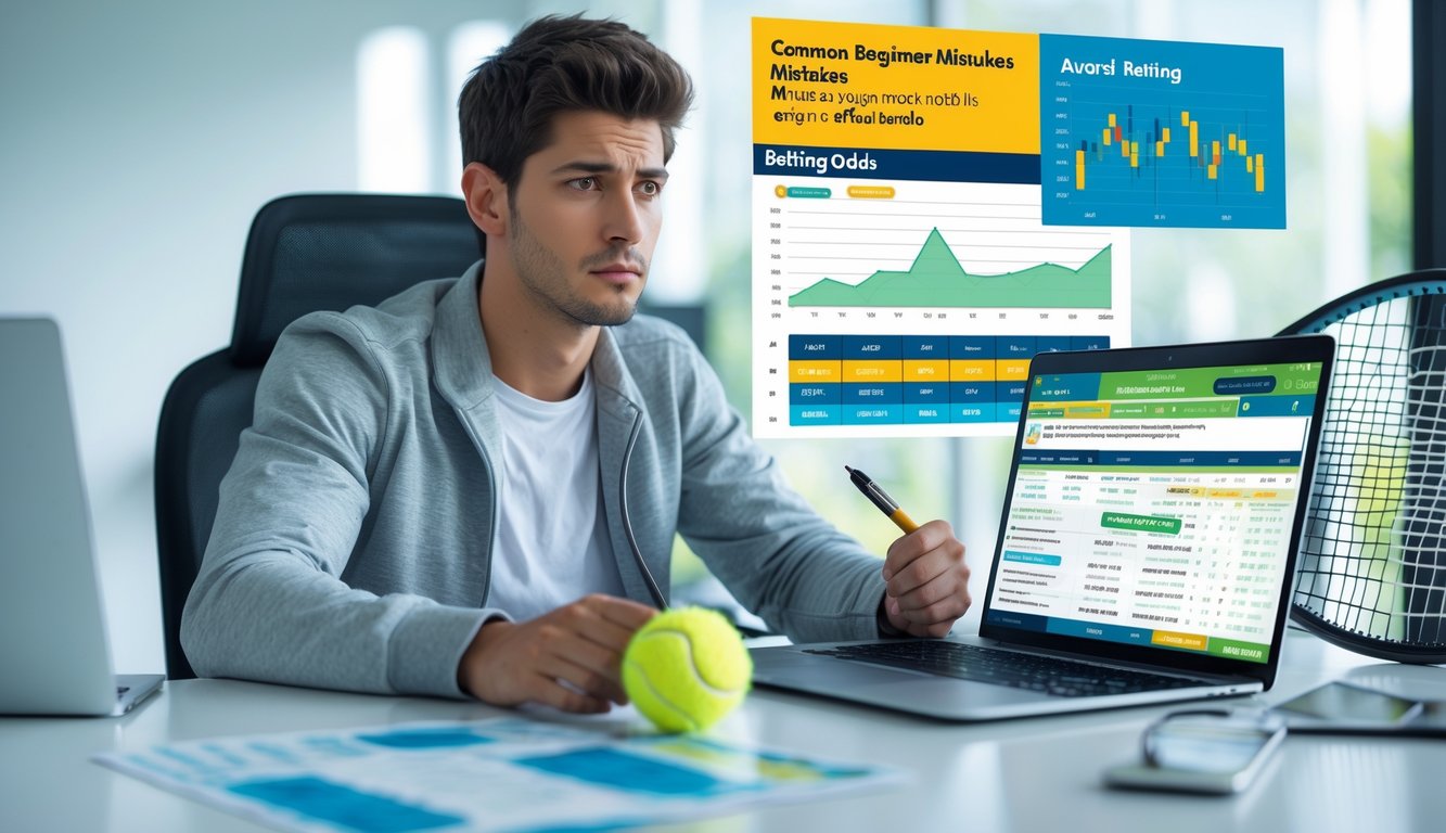 Seorang pria muda duduk di meja dengan laptop terbuka menampilkan statistik tenis, memegang bola tenis dan pena, tampak fokus dan merenung.