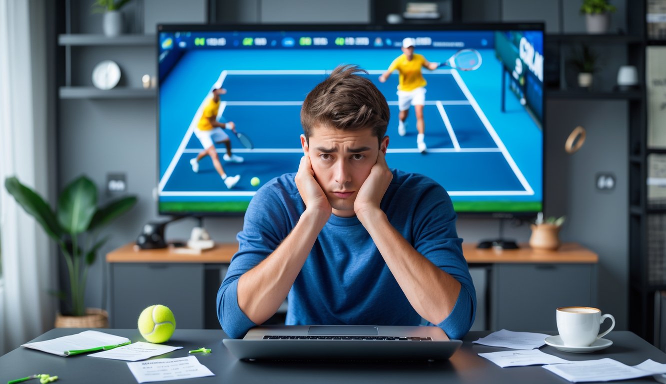 Seorang pria muda duduk di meja dengan laptop terbuka, terlihat frustrasi sambil menganalisis data pertandingan tenis di layar, dengan bola tenis dan catatan di sekitarnya, serta pertandingan tenis sedang berlangsung di layar besar di belakangnya.