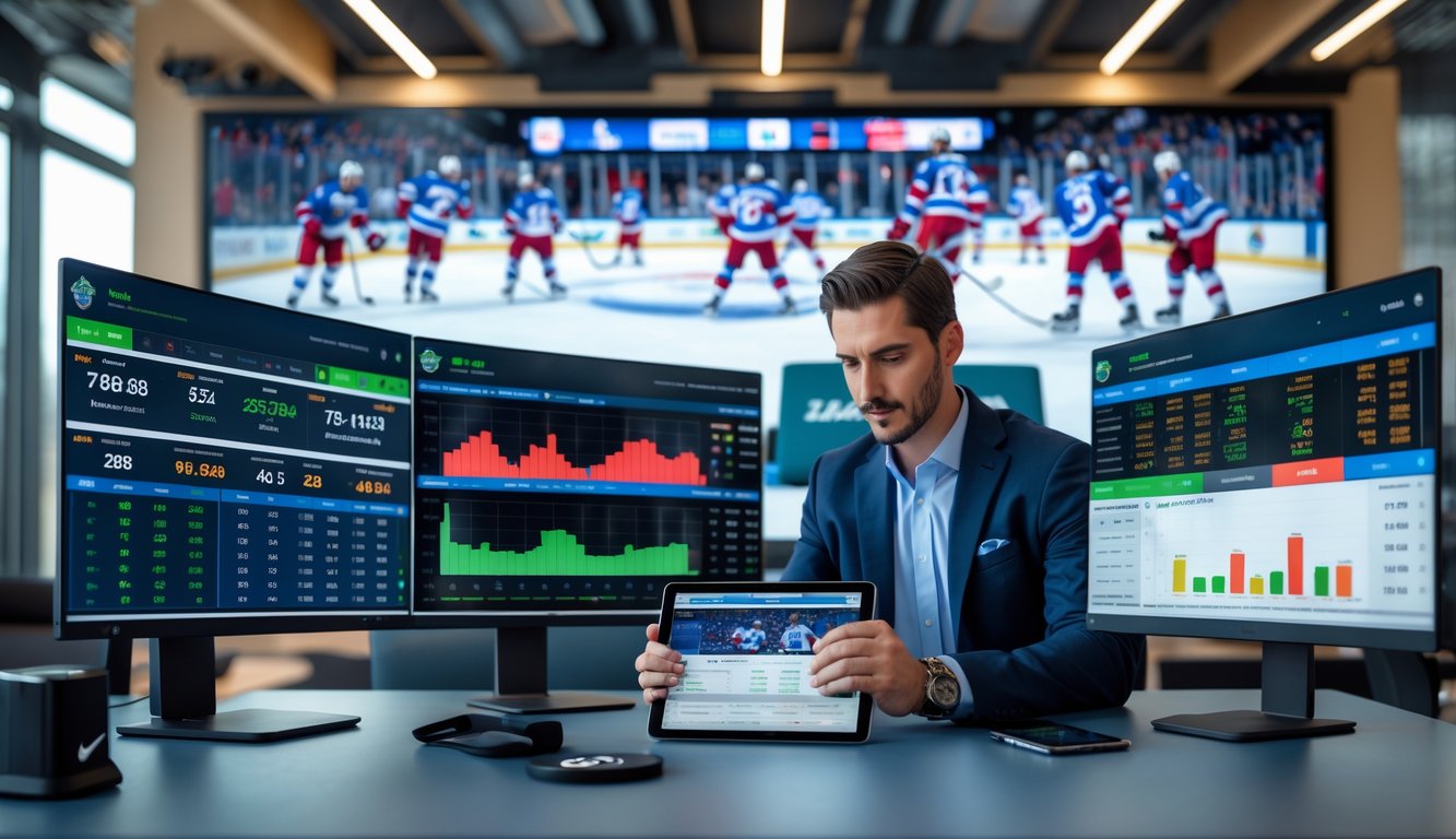Seorang analis olahraga sedang bekerja di meja dengan beberapa monitor yang menampilkan statistik dan pertandingan hoki es NHL, dikelilingi oleh memorabilia hoki.
