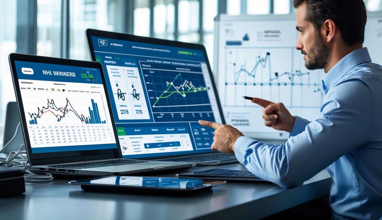 Seorang analis sedang melihat layar komputer dengan grafik dan statistik hoki di meja kerja di kantor modern.