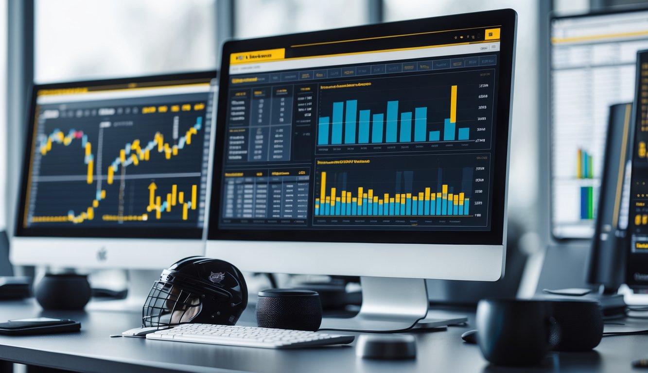 Meja kerja dengan beberapa monitor komputer yang menampilkan grafik dan data statistik hoki, dengan helm hoki dan puck di atas meja.