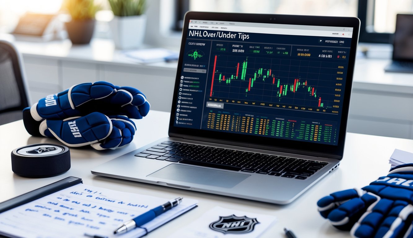 Meja kerja dengan laptop yang menampilkan statistik dan peluang taruhan NHL, dilengkapi dengan perlengkapan hoki seperti puck dan sarung tangan hoki.