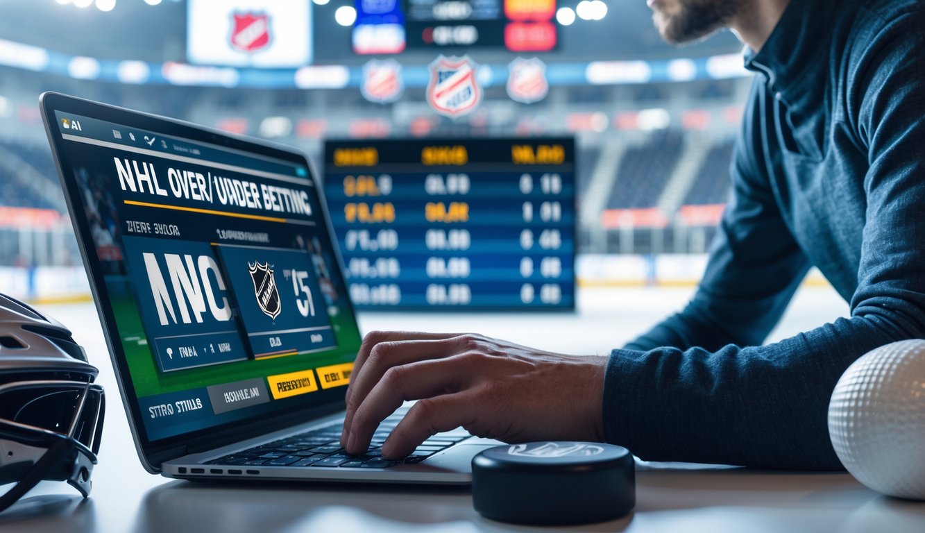 Seseorang sedang menganalisis data taruhan hoki es NHL dengan papan skor dan peralatan hoki di sekitar.