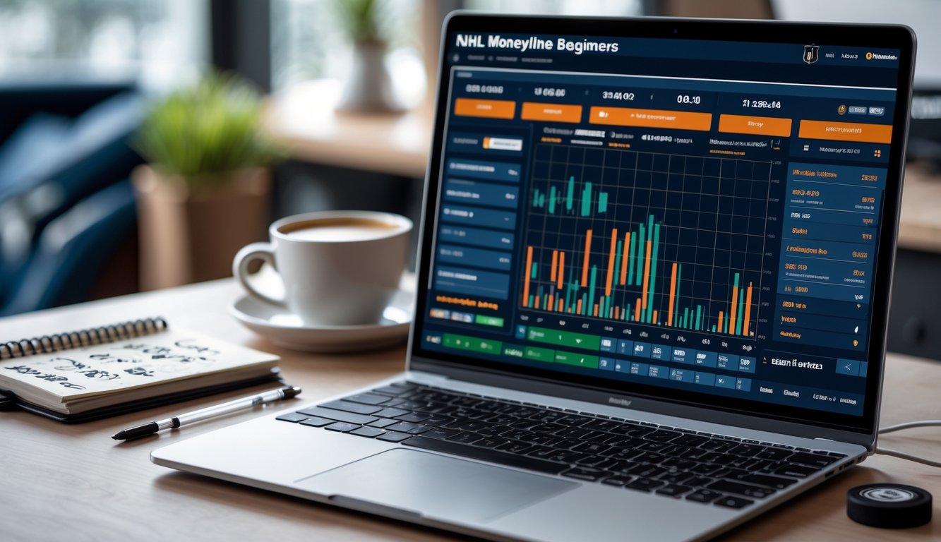 Sebuah ruang kerja modern dengan laptop yang menampilkan statistik dan peluang taruhan NHL, buku catatan dengan tulisan tangan, dan suasana kantor rumah yang nyaman.