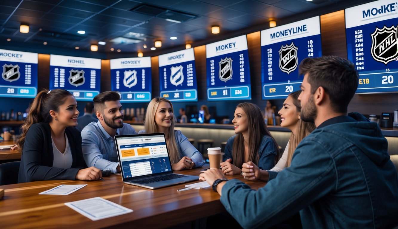 Sekelompok orang muda sedang memperhatikan layar besar yang menampilkan statistik dan peluang taruhan NHL di sebuah ruang taruhan olahraga.
