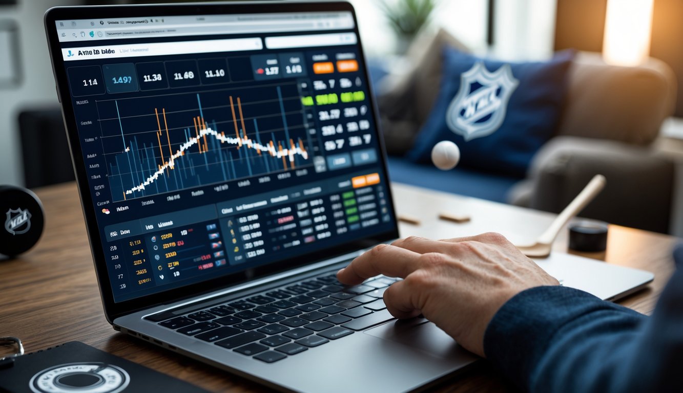 Seseorang menggunakan perangkat elektronik untuk memasang taruhan langsung pada pertandingan hoki NHL dengan grafik dan angka taruhan yang terlihat di layar.