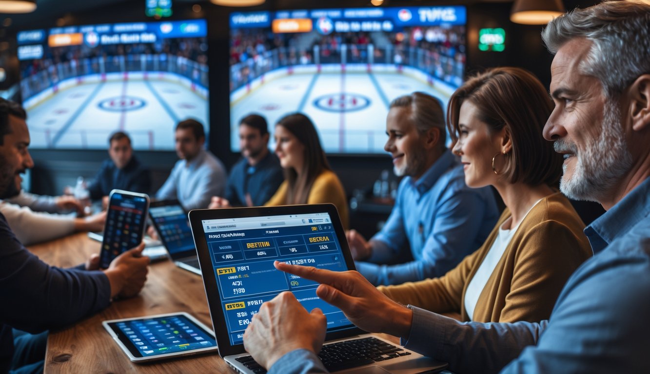 Beberapa orang sedang memasang taruhan secara langsung pada pertandingan hoki es NHL yang ditayangkan di beberapa layar besar.
