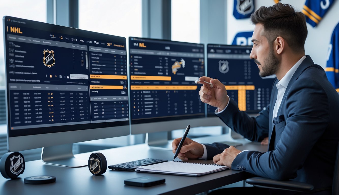 Seorang analis olahraga sedang melihat layar komputer yang menampilkan statistik dan perbandingan tim NHL untuk taruhan di sebuah kantor yang terang dan rapi.