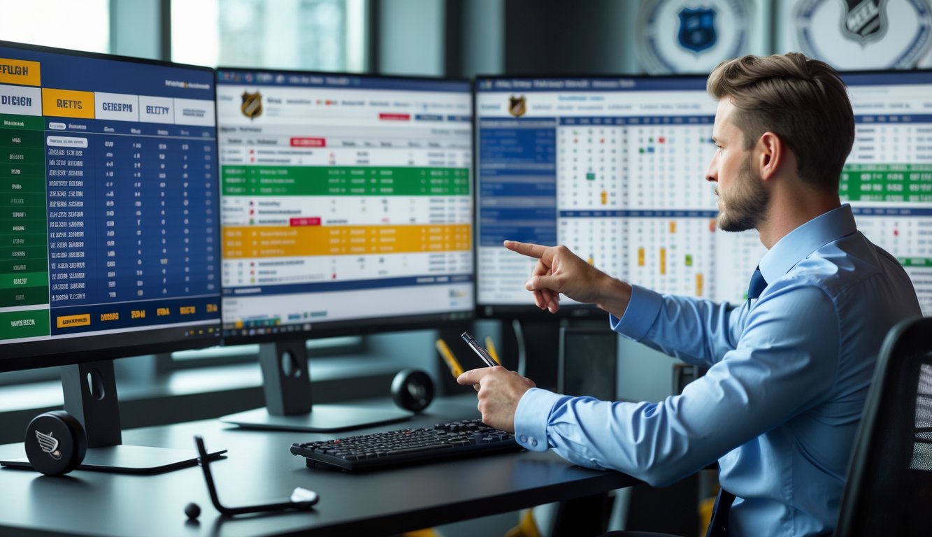 Seorang analis olahraga sedang bekerja di depan beberapa monitor komputer yang menampilkan statistik dan grafik perbandingan tim NHL, di sebuah kantor modern dengan dekorasi bertema hoki.