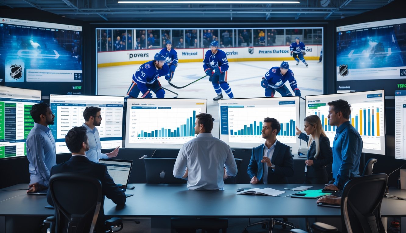 Sejumlah analis olahraga sedang melihat data performa pemain hoki di depan layar komputer di ruang kerja modern.
