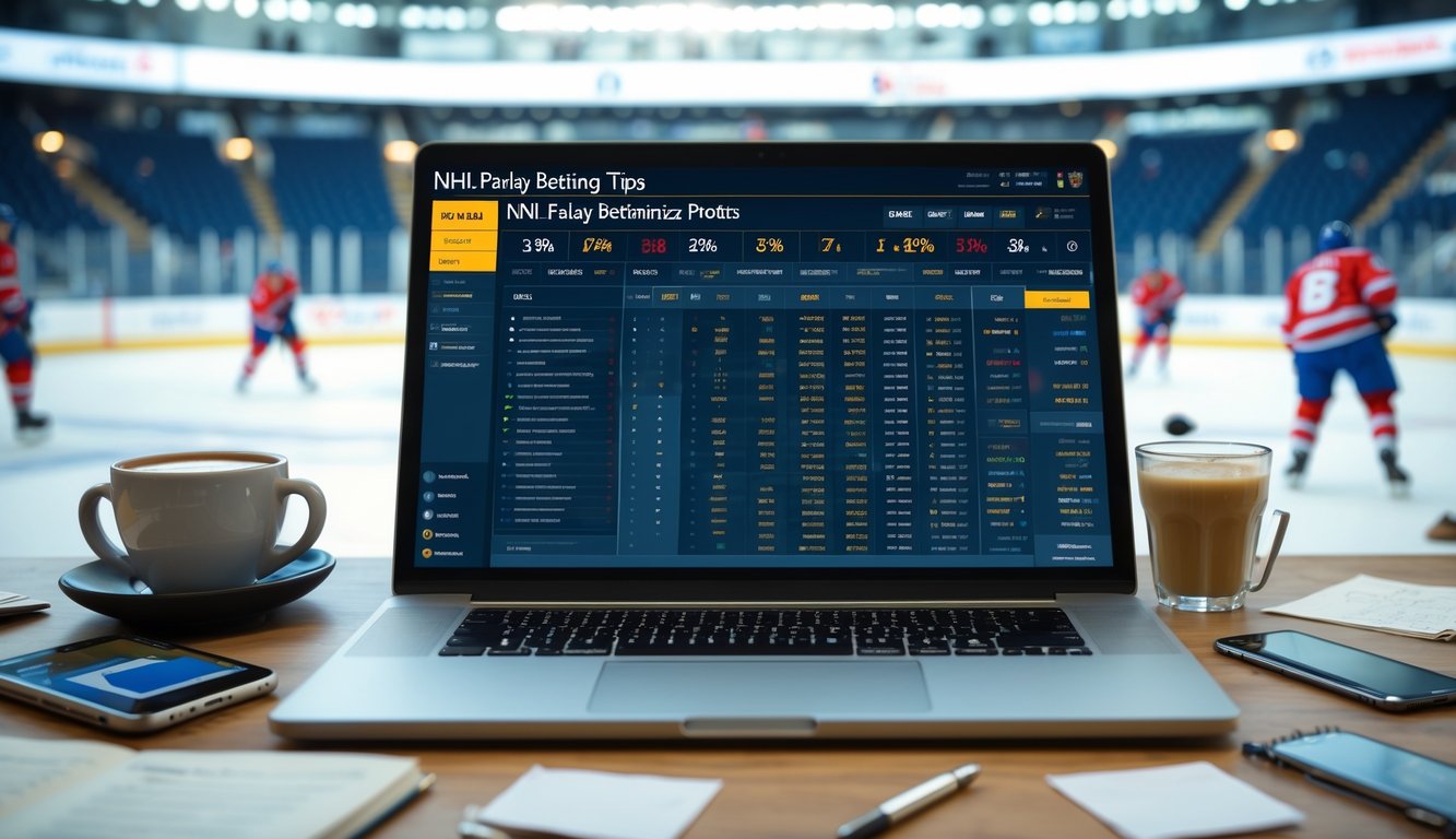 Meja kerja dengan laptop yang menampilkan statistik NHL, smartphone dengan aplikasi taruhan olahraga, dan latar belakang arena hoki dengan pemain yang sedang bertanding.