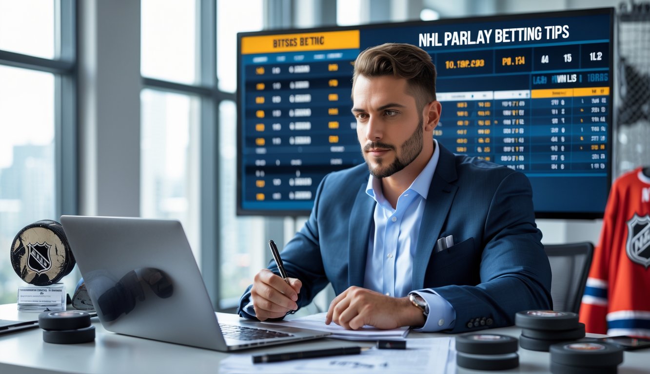 Seorang pria di kantor modern sedang menganalisis taruhan parlay NHL menggunakan laptop dan tablet dengan layar besar menampilkan statistik hoki di latar belakang.