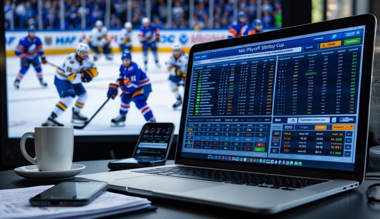 Sebuah ruang kerja dengan laptop yang menampilkan statistik dan peluang taruhan NHL playoff, ponsel dengan pembaruan pertandingan langsung, dan televisi menayangkan pertandingan hoki NHL di latar belakang.