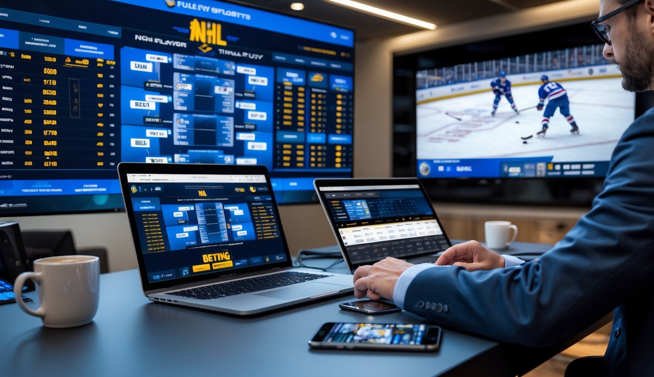Seorang pria sedang menganalisis data taruhan NHL playoff dan Stanley Cup di depan beberapa layar komputer dengan pertandingan hoki es yang sedang berlangsung di latar belakang.