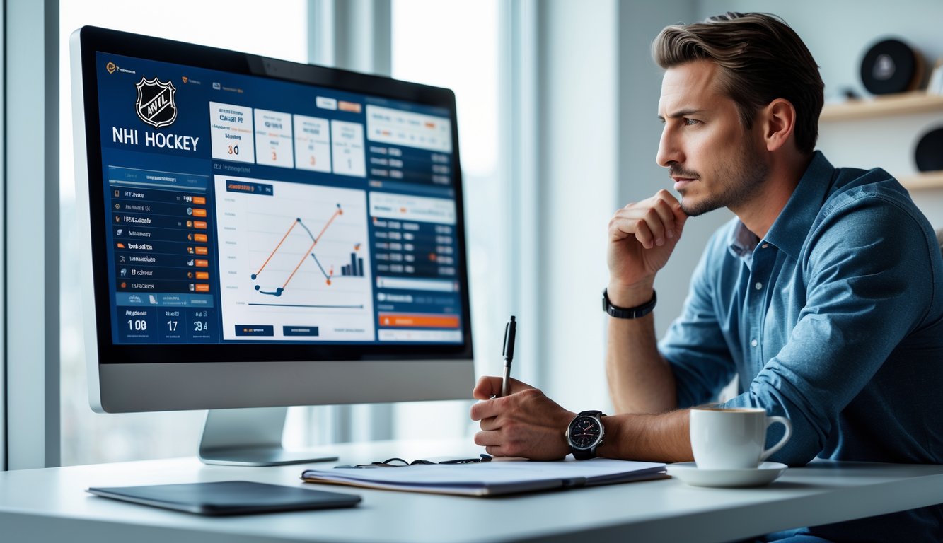 Seorang pria duduk di meja dengan komputer yang menampilkan data pertandingan hoki es, tampak fokus dan menganalisis informasi.