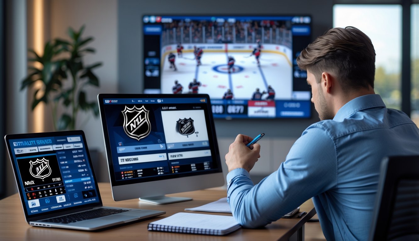 Seorang petaruh olahraga sedang menganalisis statistik pertandingan NHL dengan beberapa layar digital di ruangan modern.