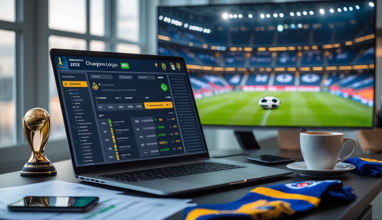 Meja kerja dengan laptop yang menampilkan statistik taruhan sepak bola dan layar besar yang menunjukkan pertandingan sepak bola sedang berlangsung.