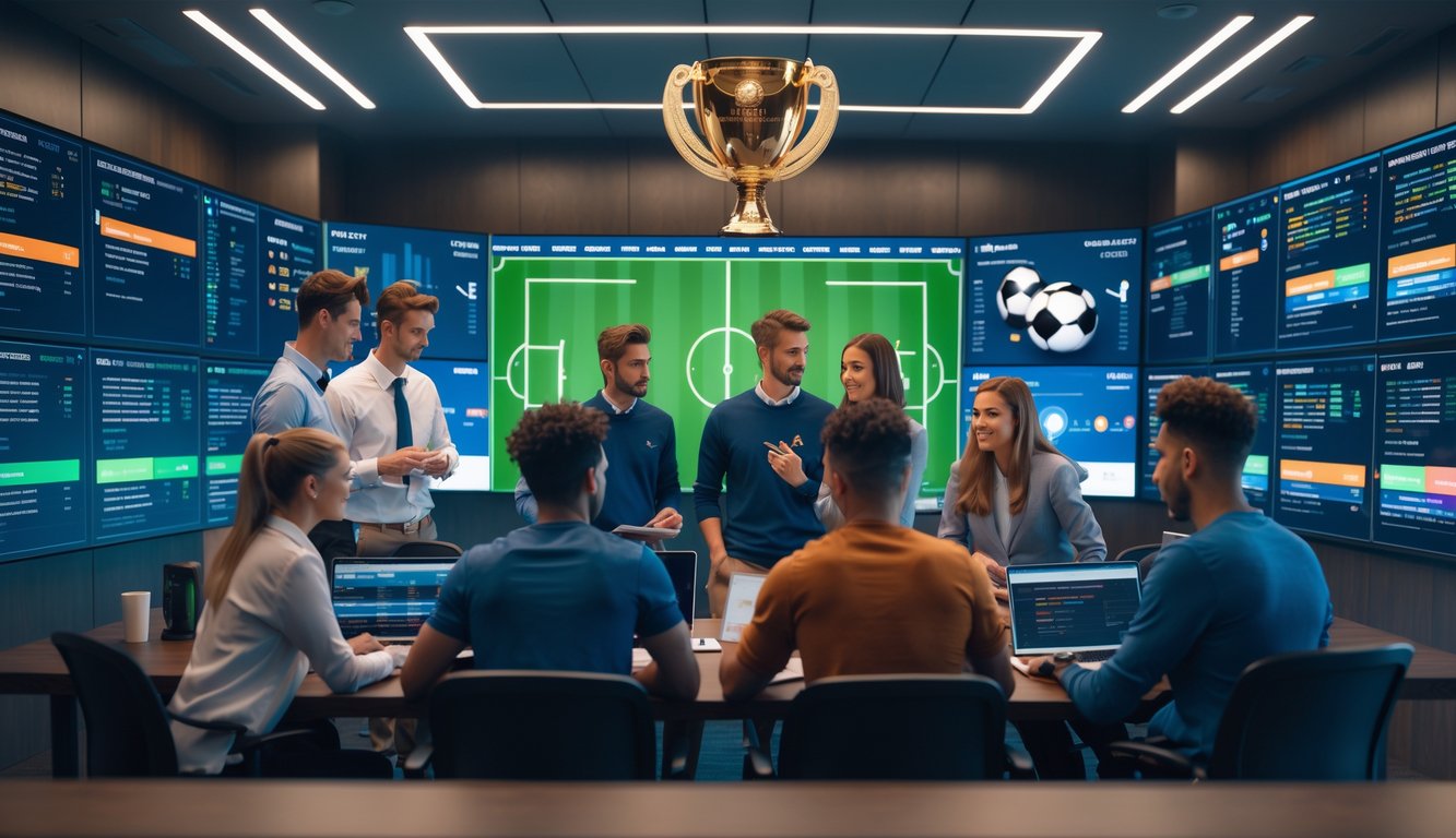 Sekelompok orang muda sedang menganalisis statistik dan peluang taruhan sepak bola di layar digital dalam ruangan modern.