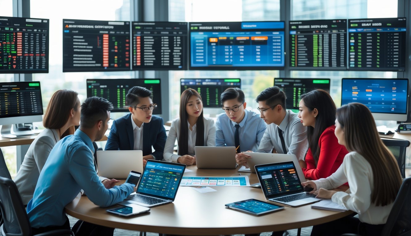 Sekelompok profesional muda sedang berdiskusi di meja kerja dengan perangkat digital yang menampilkan data taruhan olahraga Asian Handicap.