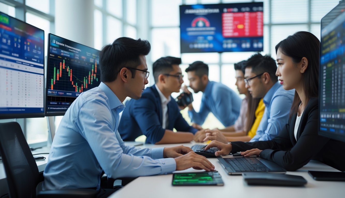 Sekelompok orang sedang menganalisis peluang taruhan olahraga di kantor modern dengan beberapa layar komputer yang menampilkan grafik dan angka taruhan.