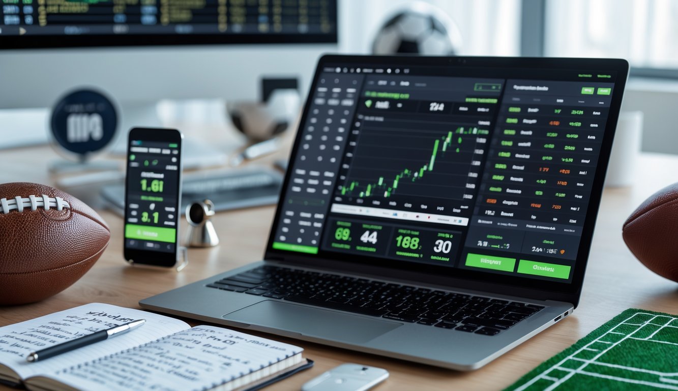 Meja kerja dengan laptop, catatan, dan ponsel yang menampilkan statistik dan informasi pertandingan sepak bola.