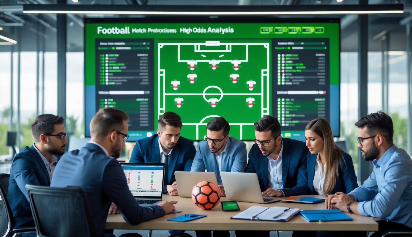 Sekelompok analis sepak bola sedang berdiskusi di kantor dengan layar digital menampilkan statistik dan prediksi pertandingan.