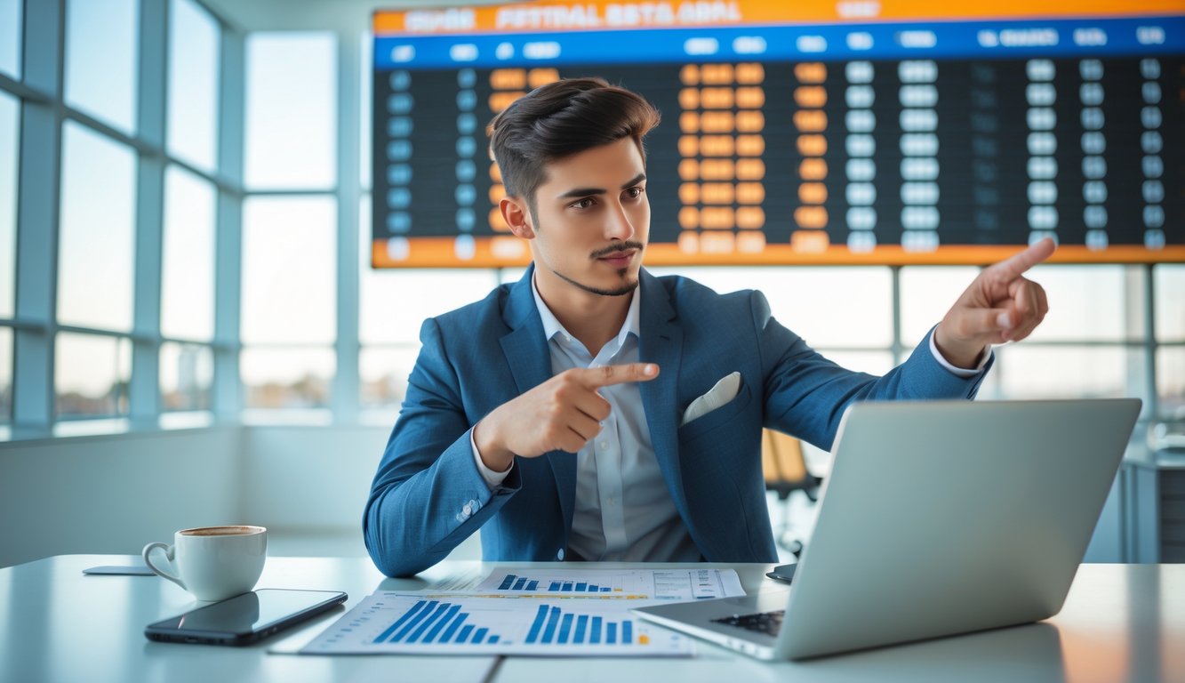 Seorang pria muda duduk di meja dengan laptop, menganalisis peluang taruhan sepak bola dengan grafik dan data di sekitarnya.