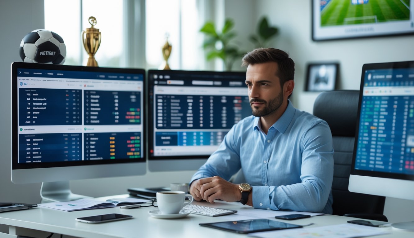 Seorang pria duduk di meja kerja dengan beberapa layar komputer yang menampilkan data taruhan bola, terlihat fokus dan serius dalam menganalisis informasi.