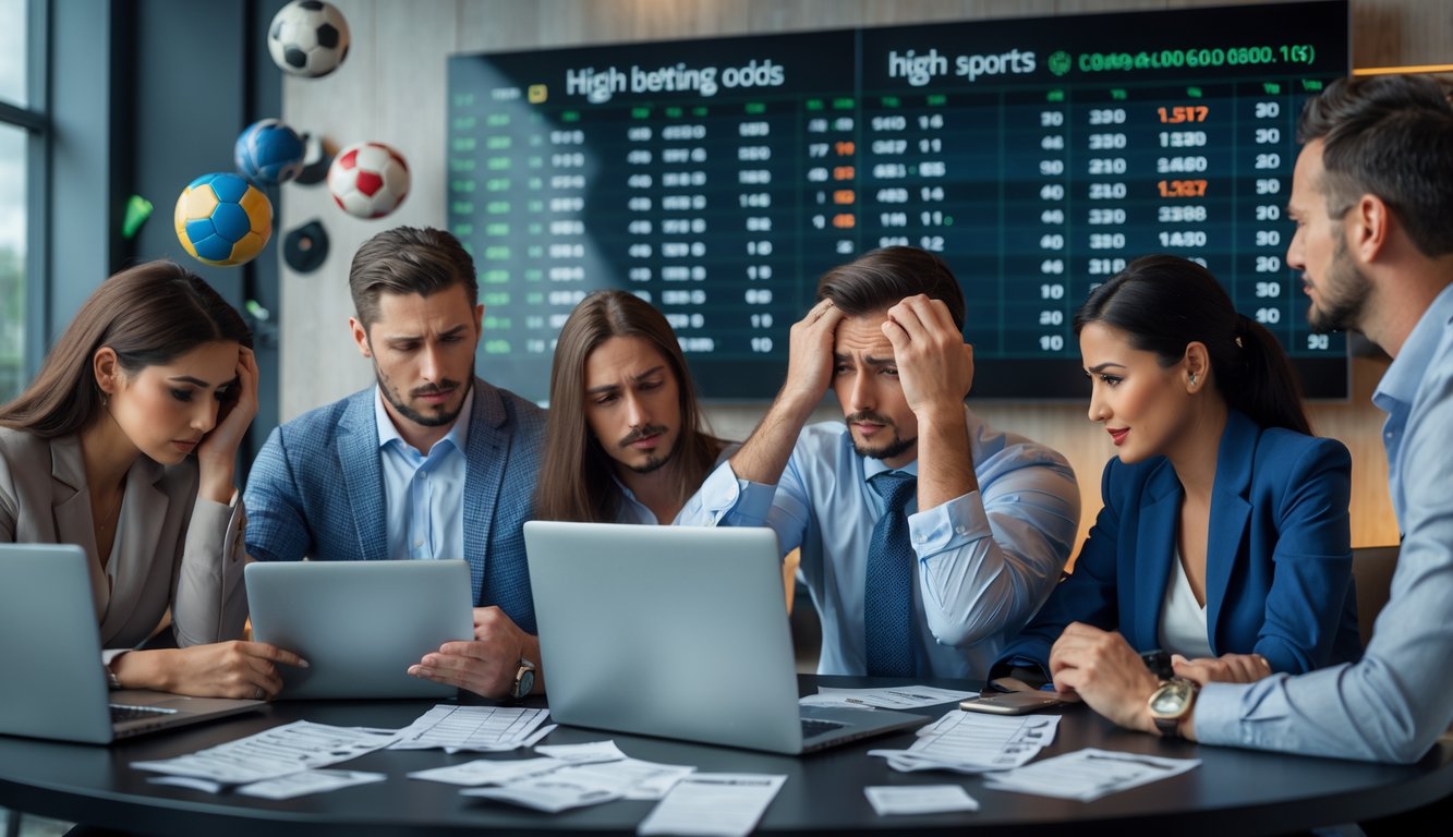 Sekelompok orang sedang berkumpul di sekitar meja dengan perangkat elektronik dan slip taruhan, beberapa tampak kecewa saat melihat layar yang menampilkan statistik dan peluang taruhan sepak bola.
