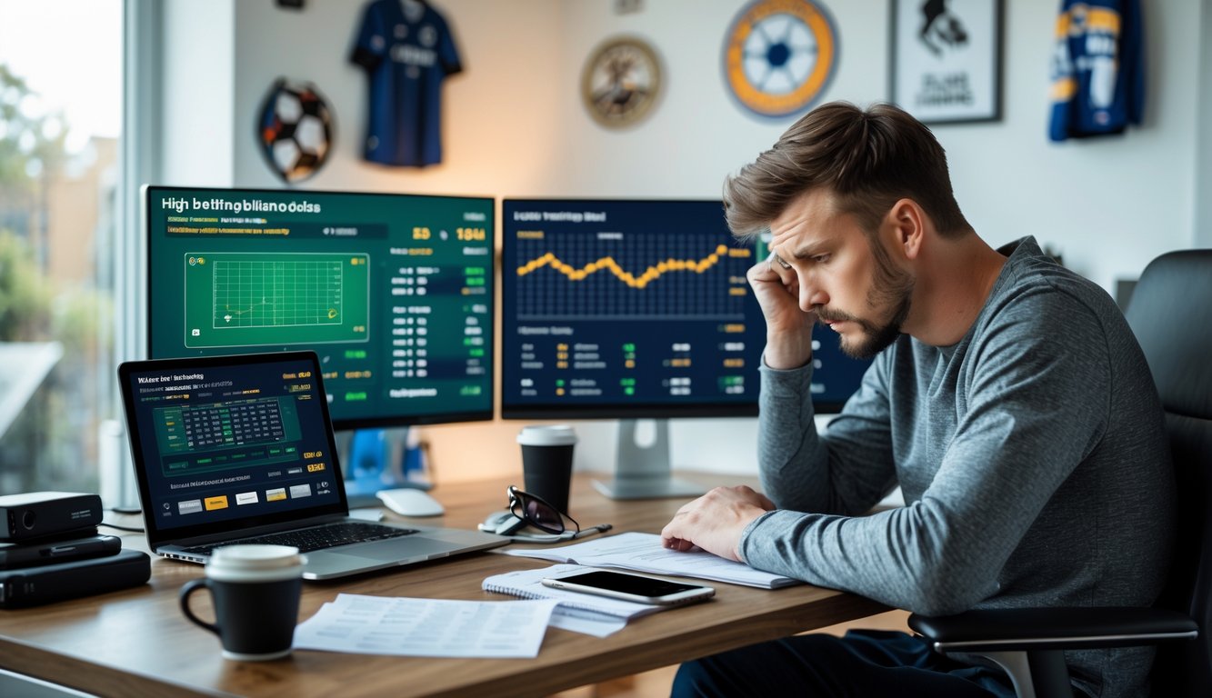Seseorang duduk di meja kerja dengan beberapa layar menampilkan peluang taruhan bola tinggi, terlihat fokus dan tegang sambil memeriksa data taruhan.