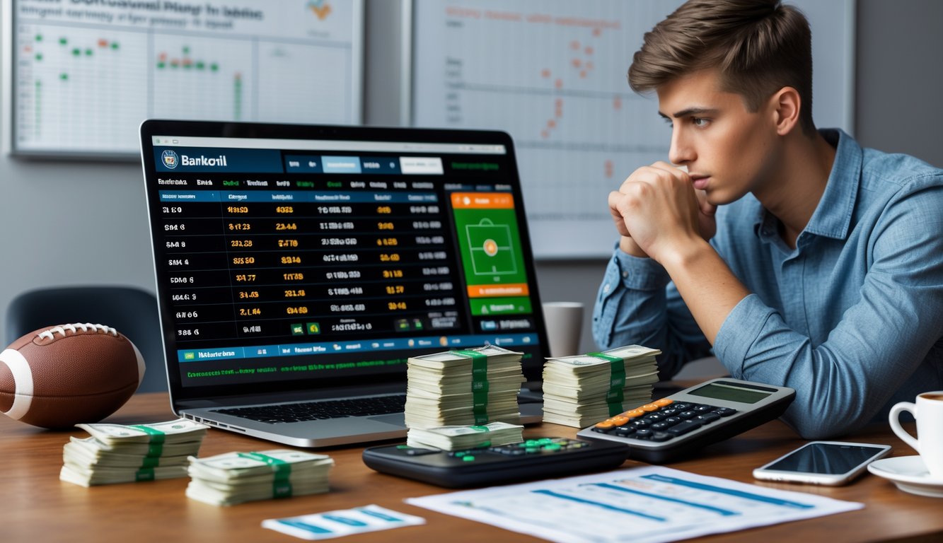 Seseorang duduk di meja kerja dengan laptop, kalkulator, uang tunai, dan alat tulis, sedang menganalisis data taruhan bola.