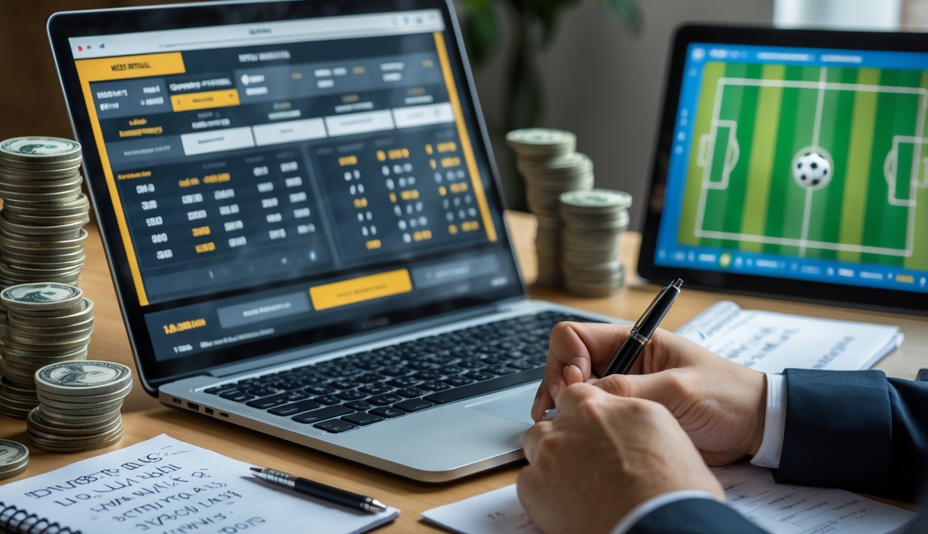 Meja kerja dengan laptop yang menampilkan peluang taruhan bola, tumpukan uang, kalkulator, dan catatan yang sedang dikelola oleh seseorang.