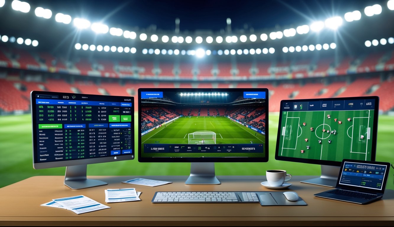 Seorang analis olahraga sedang bekerja dengan beberapa monitor yang menampilkan statistik dan peluang taruhan sepak bola Liga Inggris, dengan latar belakang stadion yang penuh penonton.