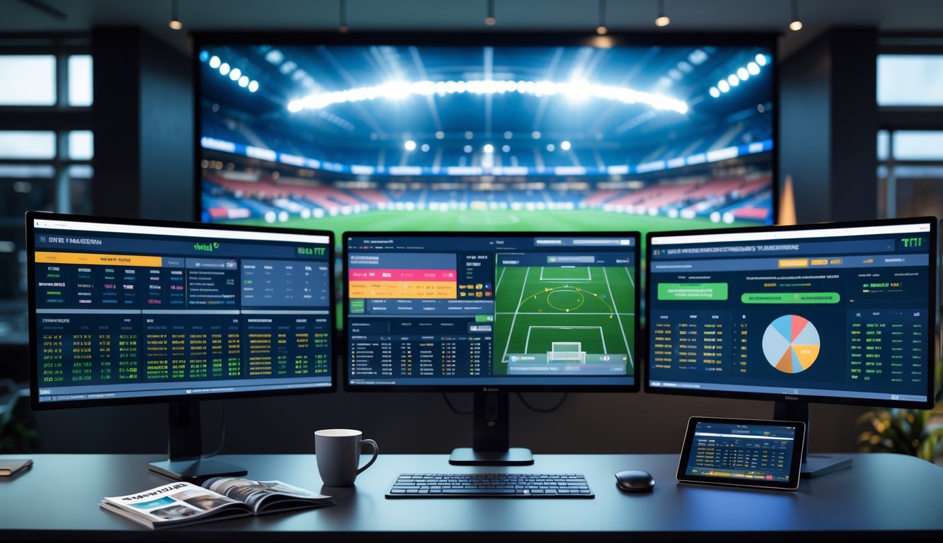 Seorang analis olahraga sedang bekerja di meja dengan beberapa layar komputer yang menampilkan statistik sepak bola dan peluang taruhan untuk Liga Inggris pekan 12.