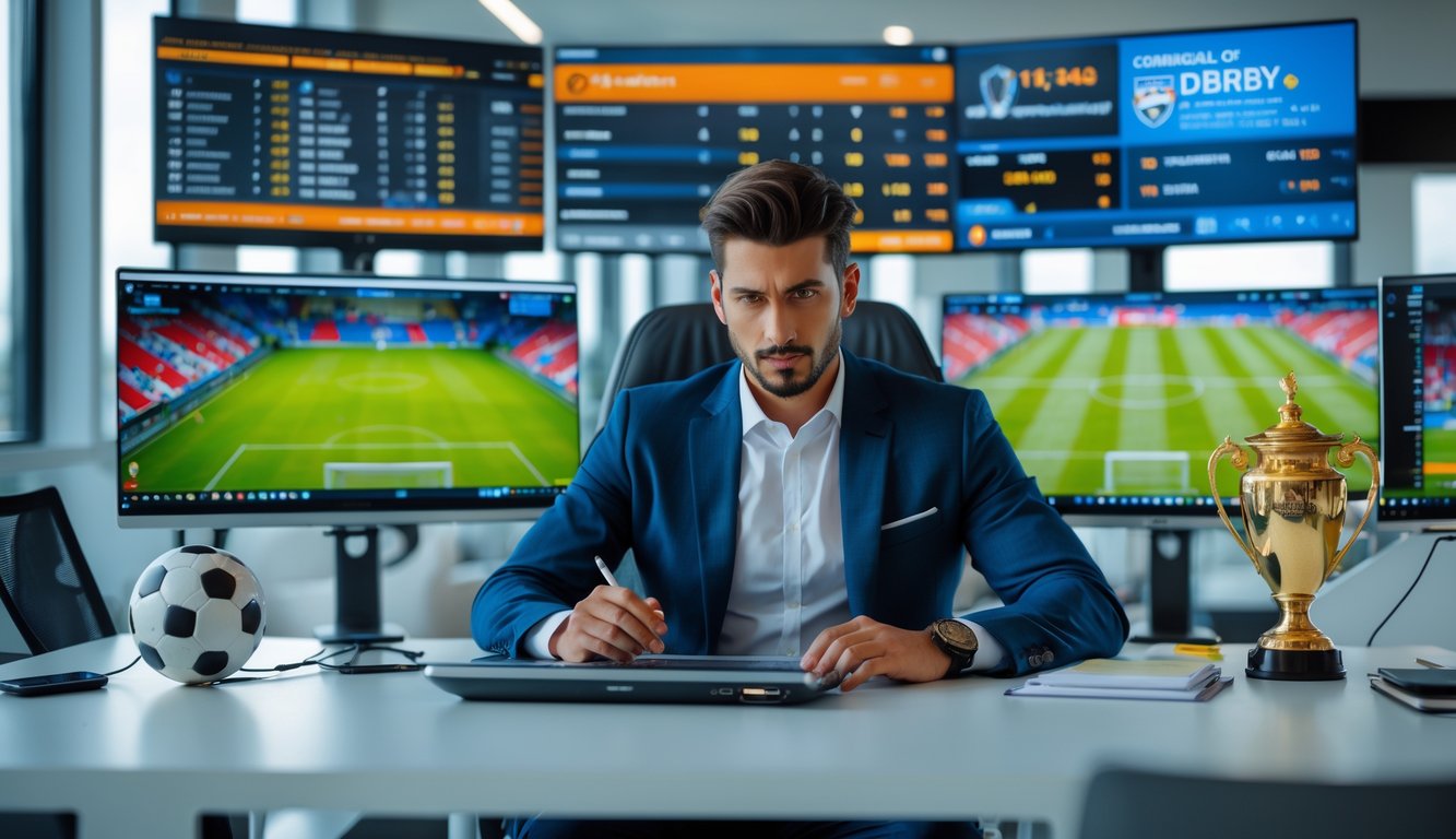 Seseorang yang serius sedang menganalisis strategi taruhan bola dengan layar komputer yang menampilkan statistik dan peluang pertandingan derby besar.