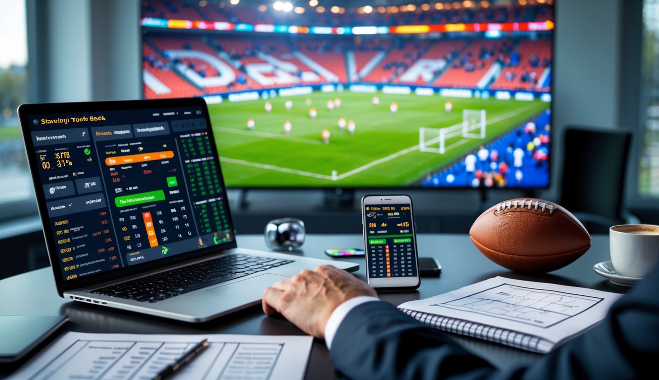 Seorang pria sedang menganalisis data taruhan bola di depan laptop dengan latar belakang pertandingan derby sepak bola yang sedang berlangsung di layar besar.