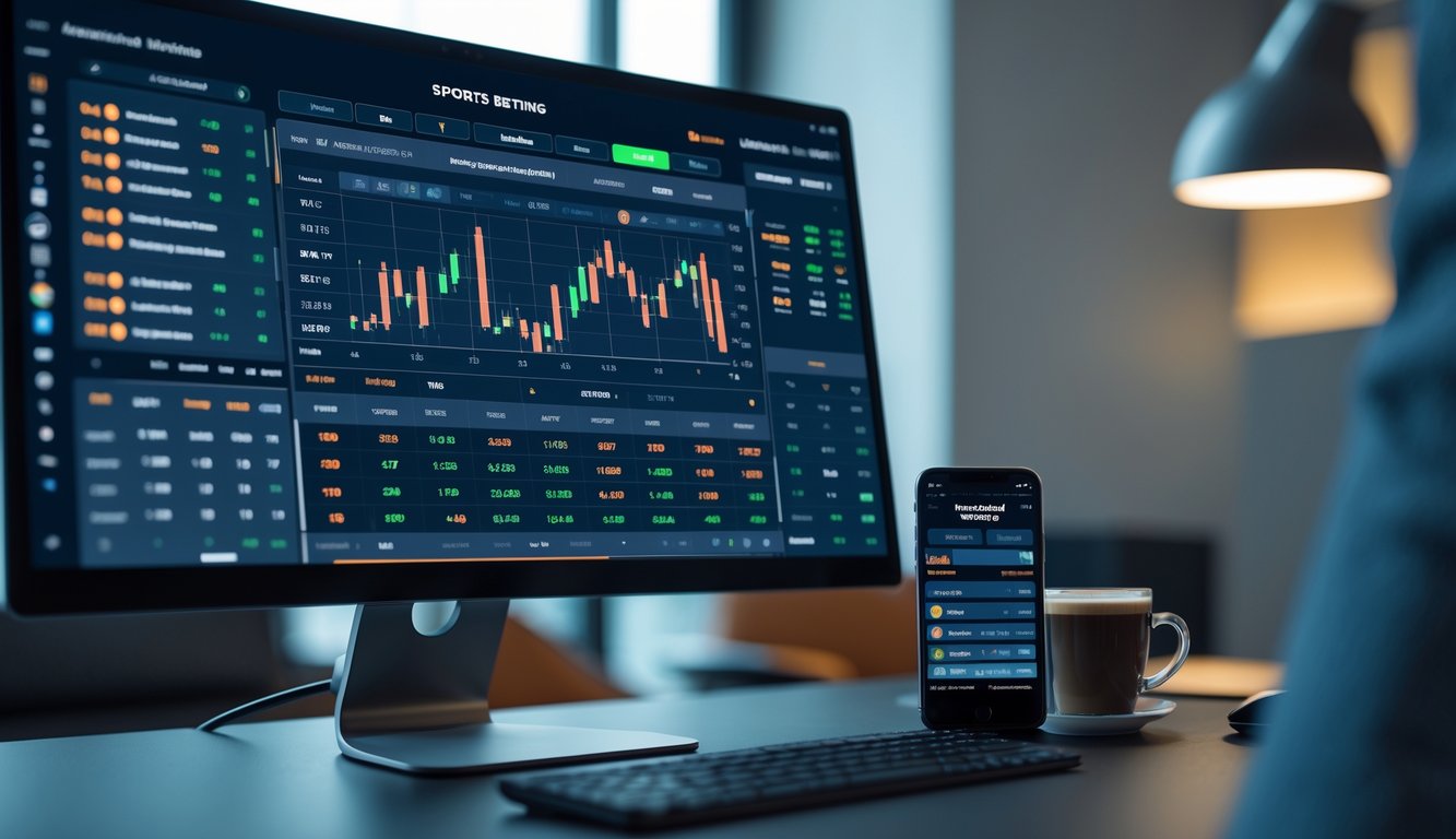 Sebuah ruang kerja modern dengan komputer yang menampilkan antarmuka taruhan bola dan odds tinggi, dilengkapi dengan smartphone dan cangkir kopi di meja.