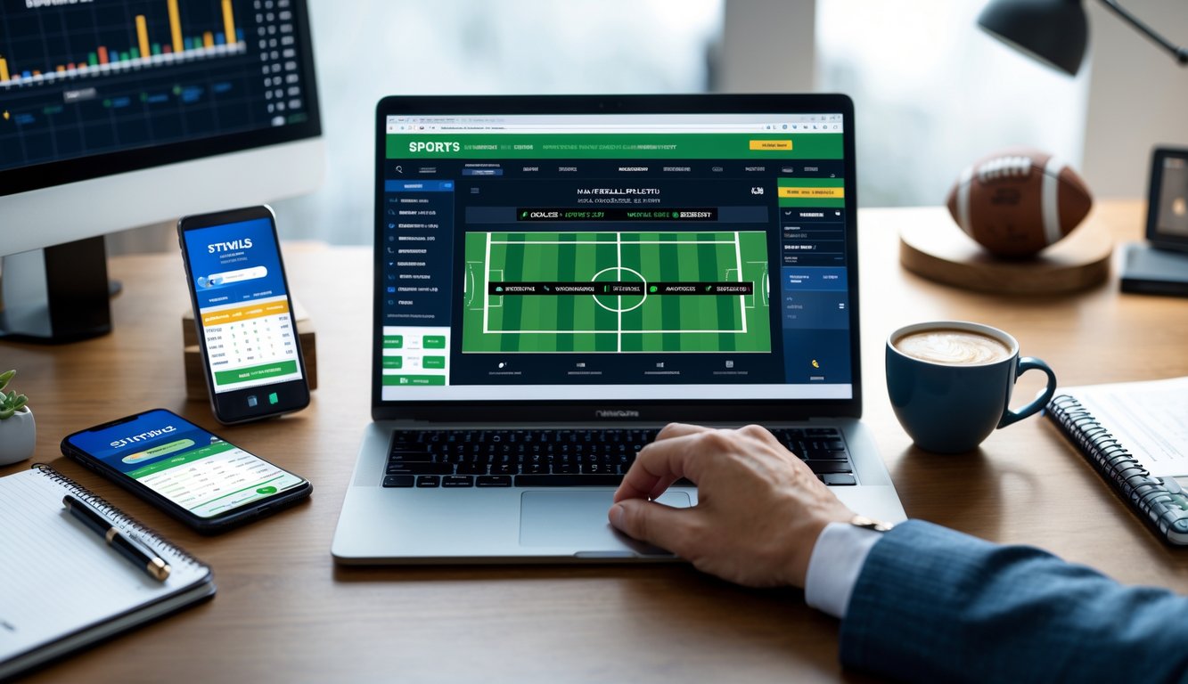 Meja kerja dengan laptop yang menampilkan situs taruhan bola, ponsel, buku catatan, dan bola sepak di latar belakang.