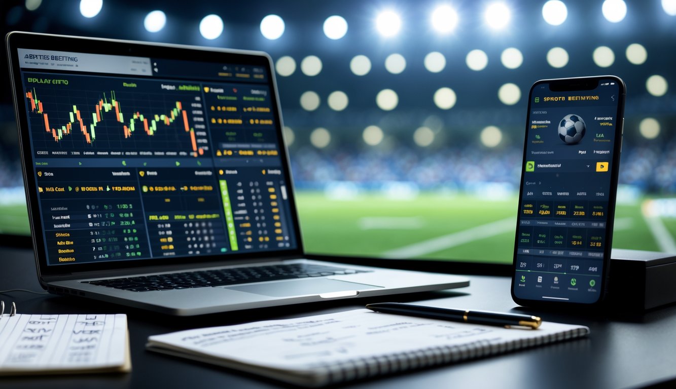 Meja kerja dengan laptop yang menampilkan grafik peluang taruhan bola, notepad dengan catatan, dan ponsel yang menunjukkan aplikasi taruhan sepak bola, dengan latar belakang stadion sepak bola yang samar.