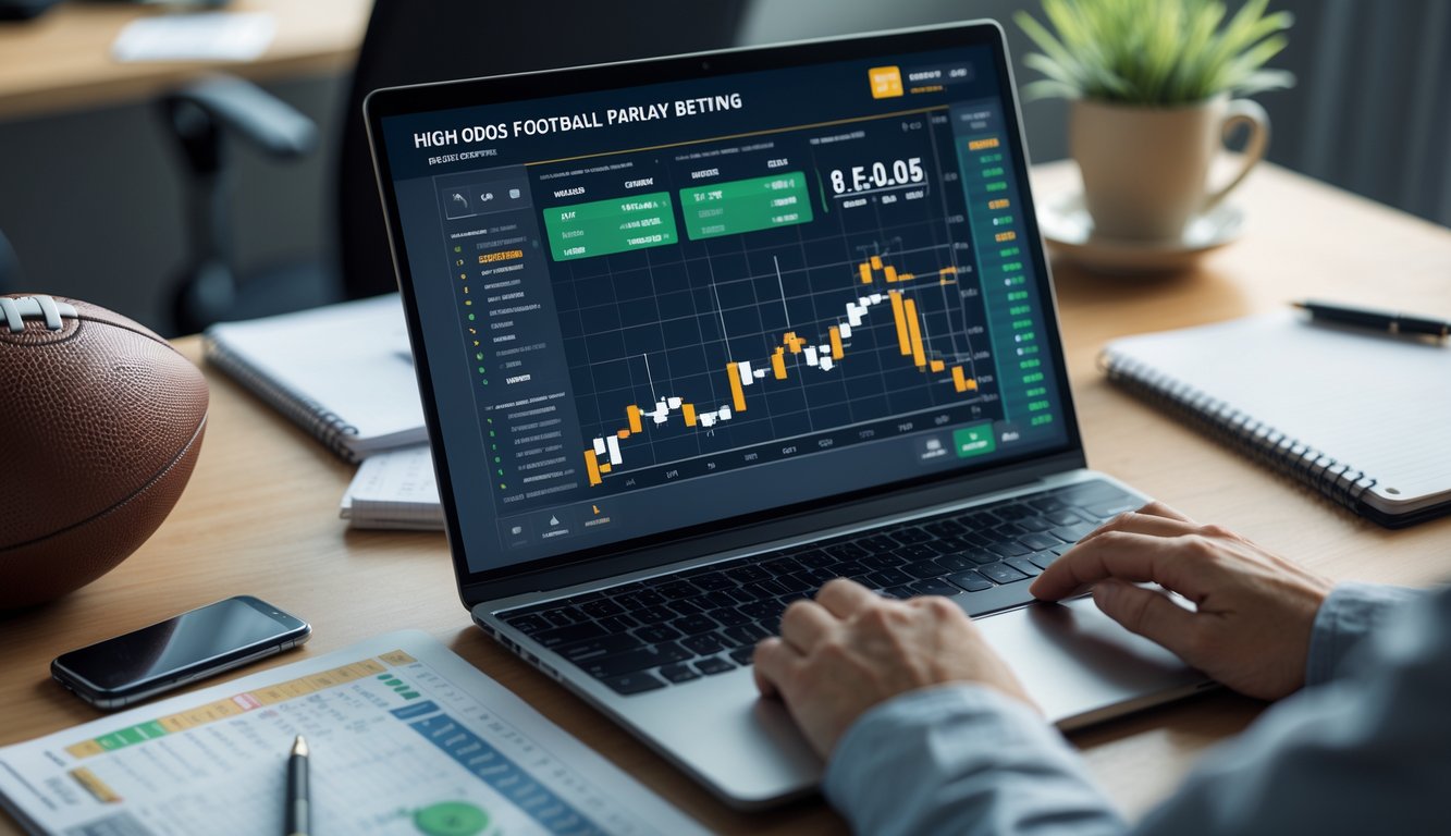 Meja kerja dengan laptop yang menampilkan grafik peluang taruhan bola, bola sepak, slip taruhan, dan ponsel dengan pembaruan peluang langsung.